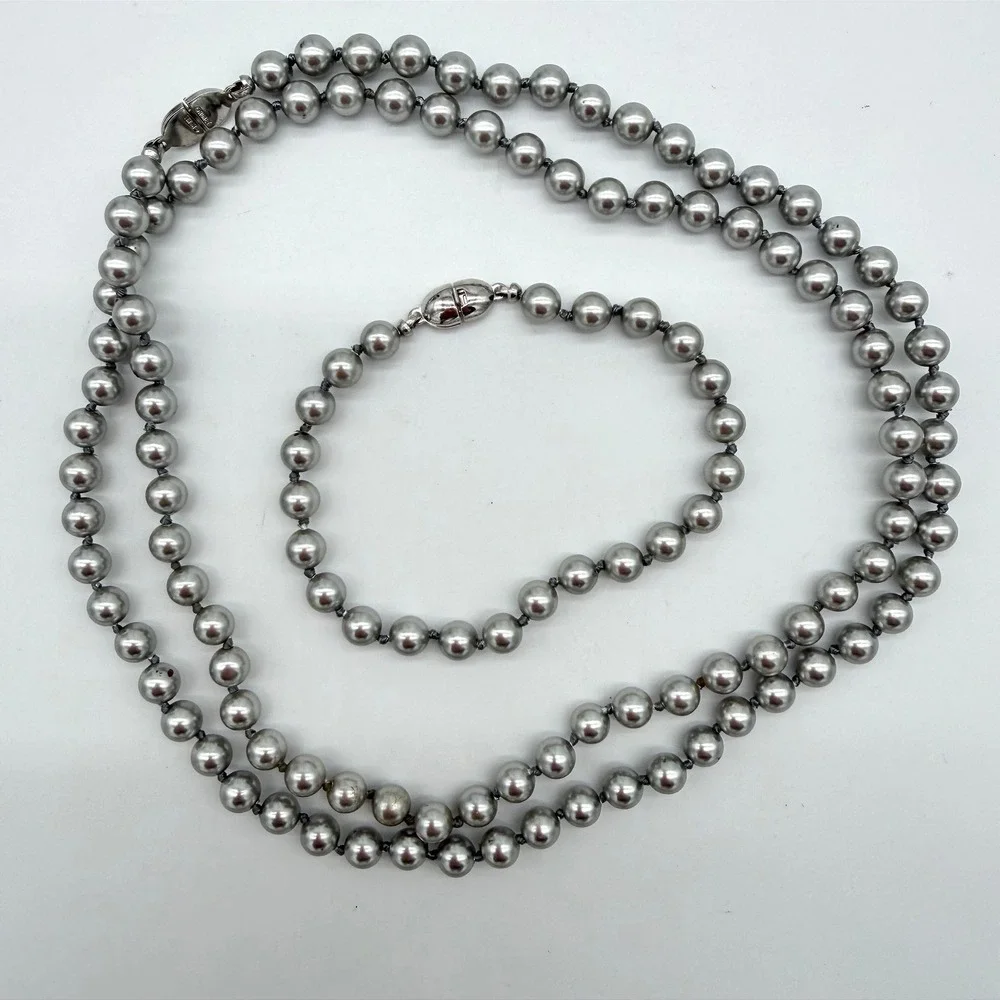 Vintage‎ Monet Gray Pearl Necklace & Bracelet Set Knotted Signed Silver Tone